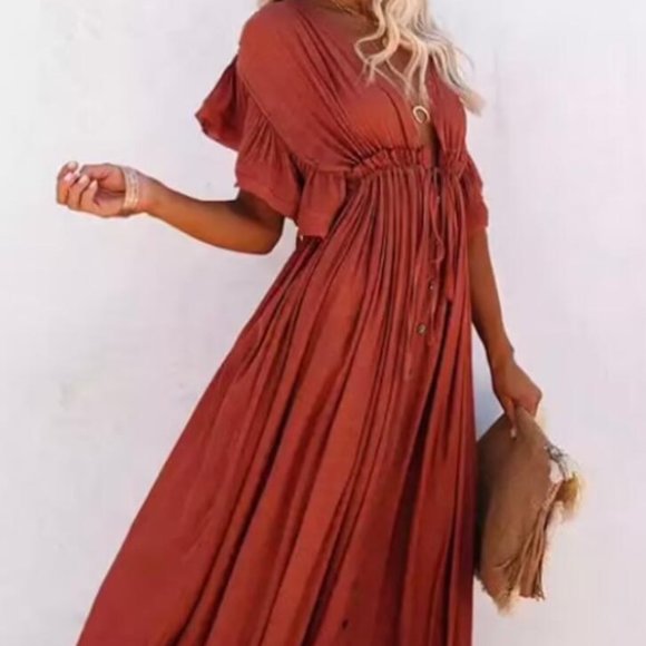 Boho linen dress bohemian maxi dress rust linen